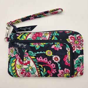 Vera Wang Zipper Wristlet Wallet Petal Paisley Black Pink Green Floral 7 x 4.25"